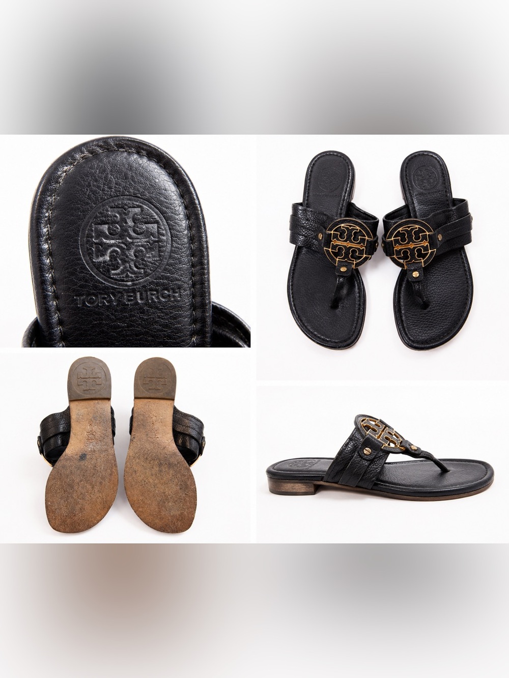 🤩 Tory Burch Black Leather Logo Thong Sandals with Gold Emblem Size-6